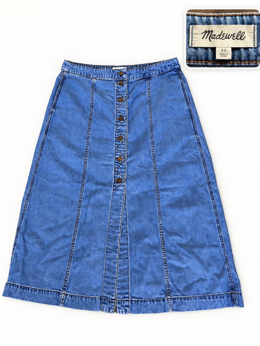 Madewell Classic Blue Denim Panel A-Line Skirt with Front Buttons